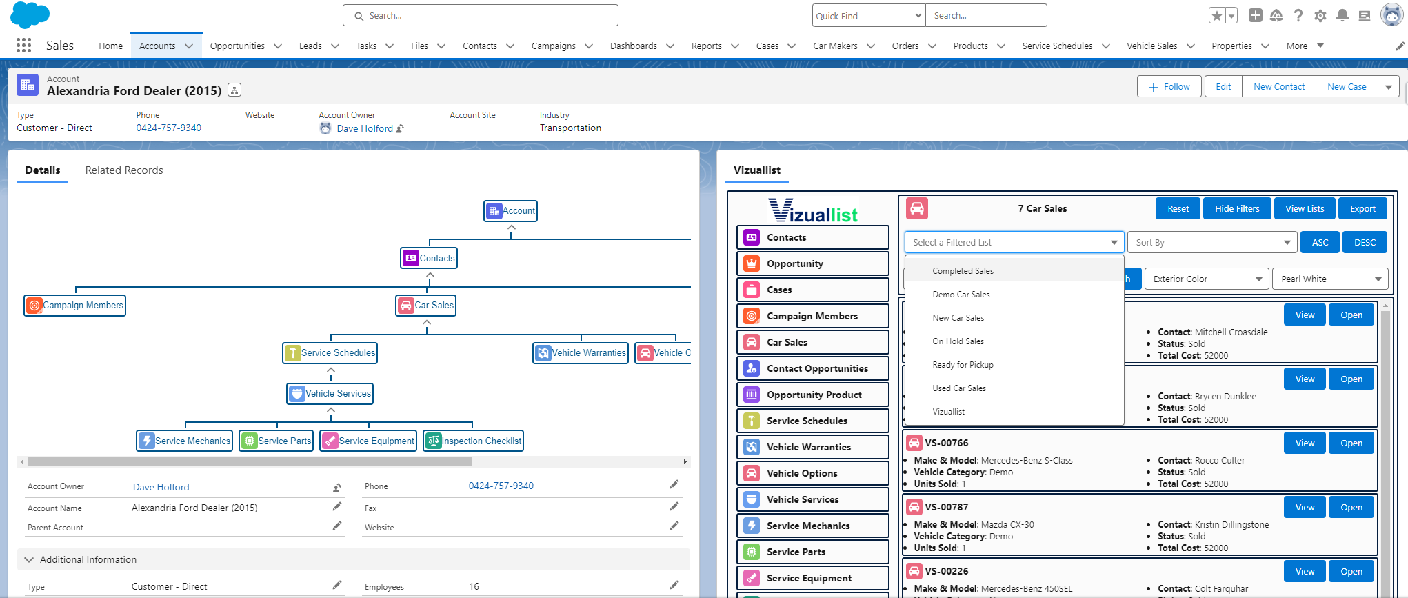 View Car Sales at Account Level with Filters Displayed using Vizuallist