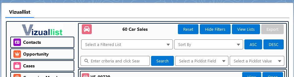 Vizuallist Search Panel Opened