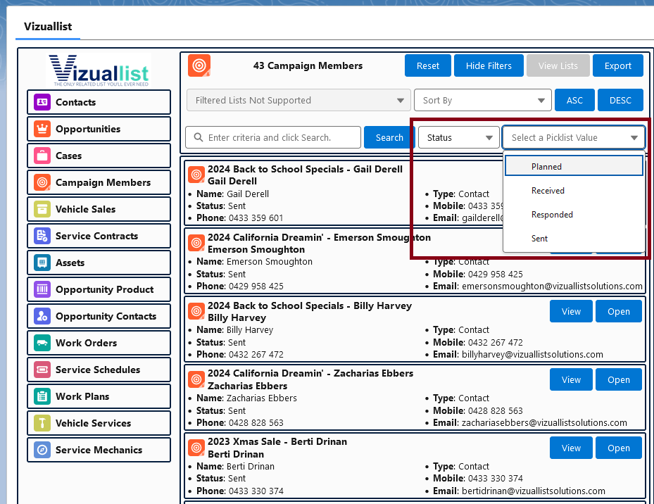 Vizuallist Search - Picklist Values